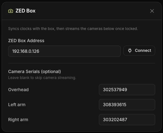 ZED Box dialog