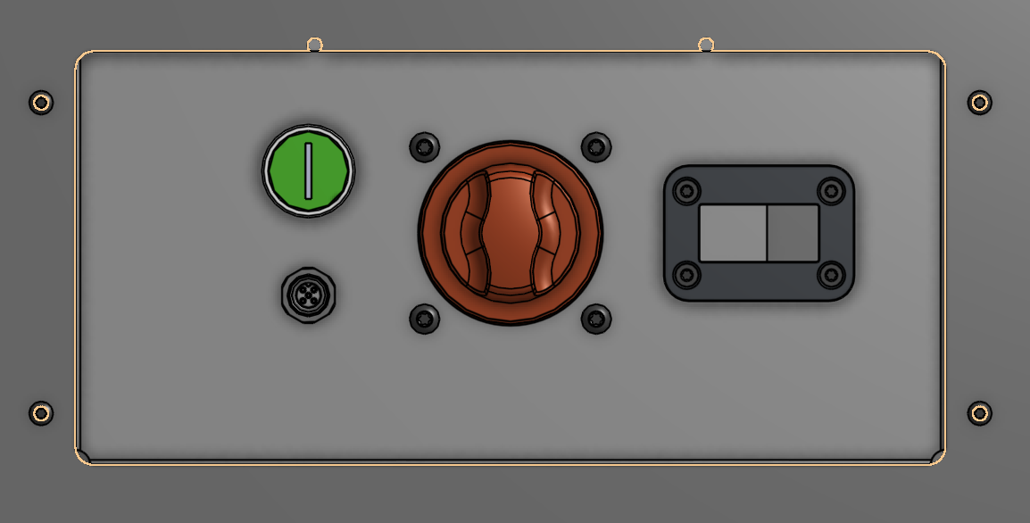 Jelly's power panel: on-switch, E-Stop connector, power switch, and charge connector