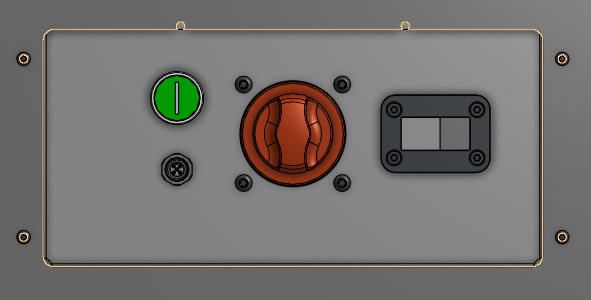 Jelly's power panel: on-switch, E-Stop connector, power switch, and charge connector