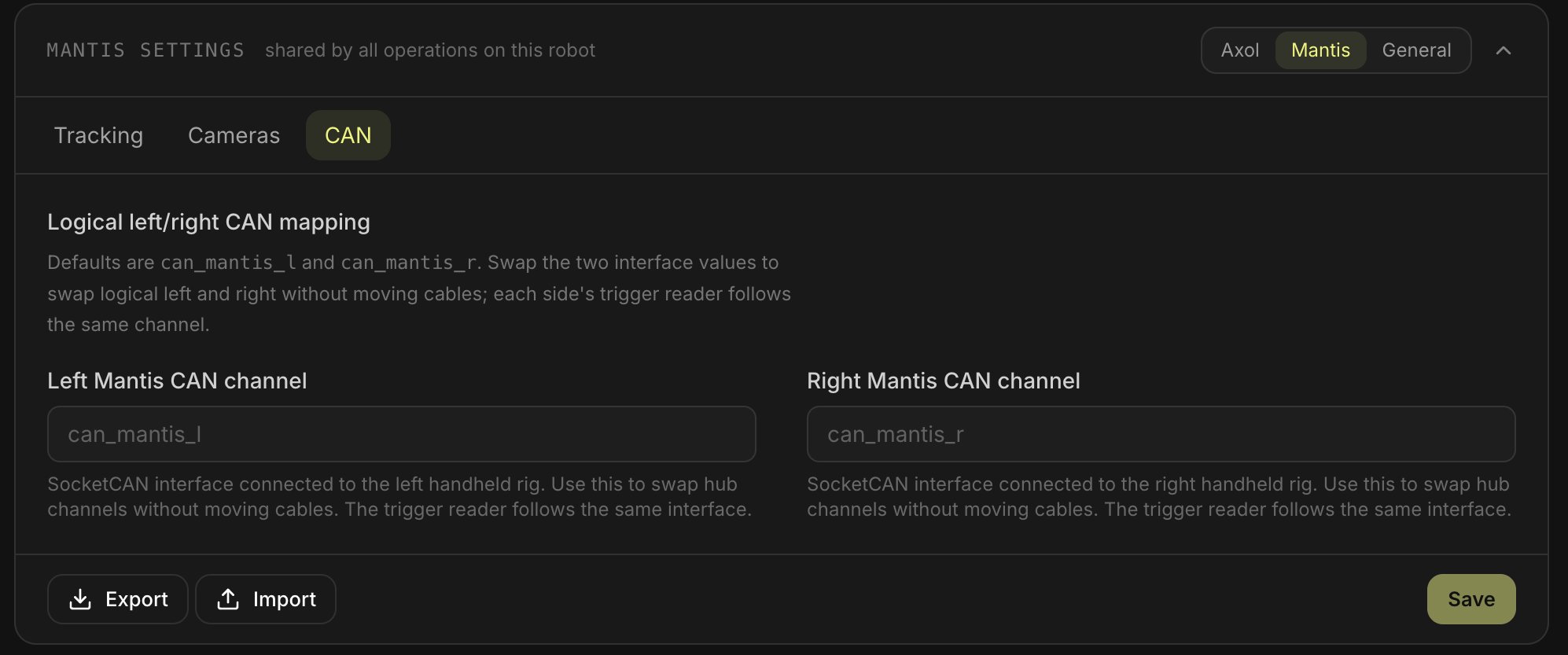 Mantis settings CAN tab with the left and right channel fields at their defaults