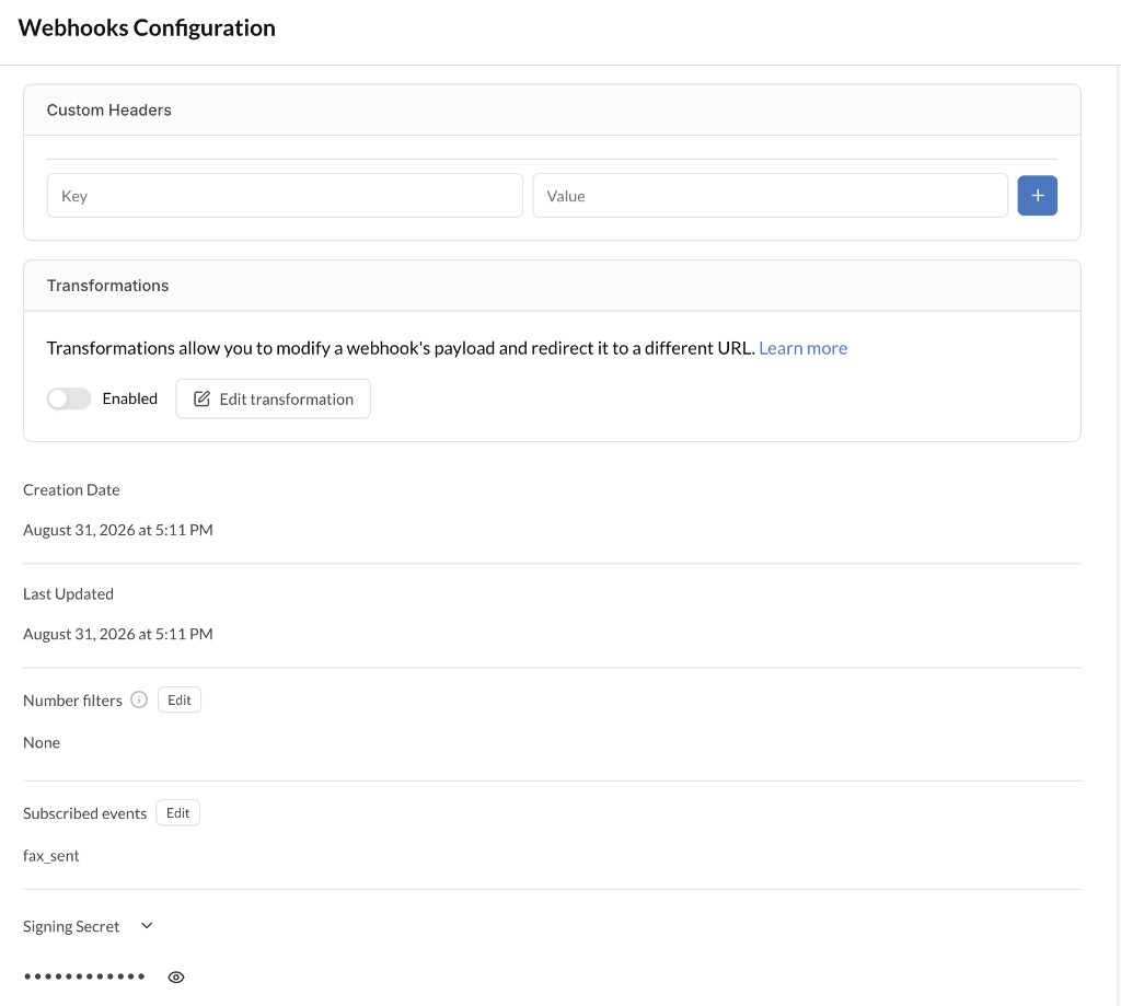 Webhook Advanced settings with Signing Secret at the bottom