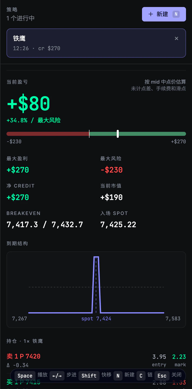 Result 面板:当前盈亏 + 风险条 + 关键指标网格(最大盈利/风险、净 Credit、当前市值、Breakeven、入场 SPOT)+ 到期结构图 + 持仓腿明细