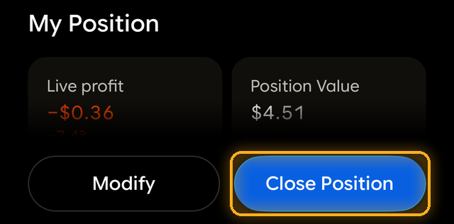 Position screen with the Close Position button highlighted