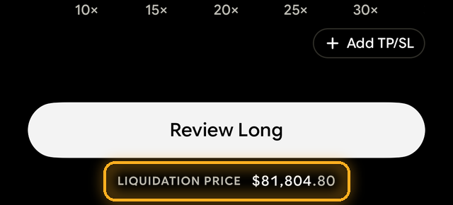 Liquidation price shown below the Review Long button on the order screen