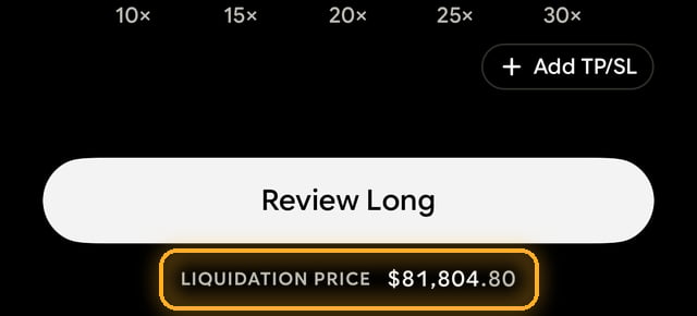 Liquidation price shown below the Review Long button on the order screen