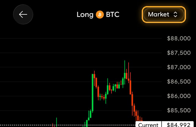 Order screen with the Market order type selector highlighted in the top right