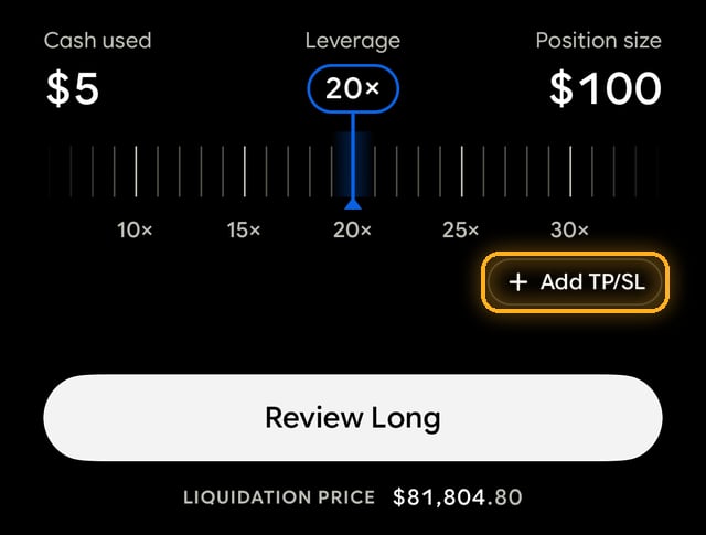 Order screen with the Add TP/SL button highlighted