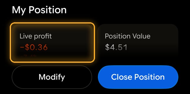 Position screen with Live profit highlighted next to Position Value