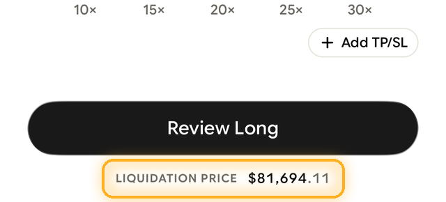 Liquidation price shown below the Review Long button on the order screen