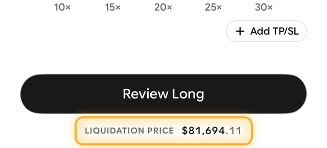 Liquidation price shown below the Review Long button on the order screen