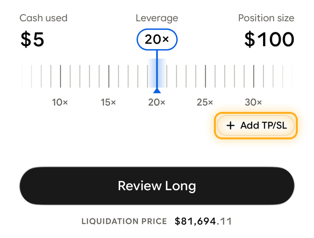 Order screen with the Add TP/SL button highlighted