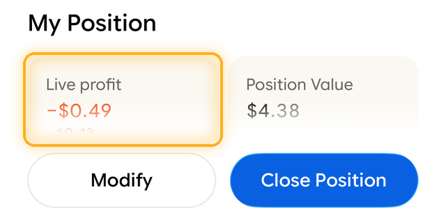 Position screen with Live profit highlighted next to Position Value