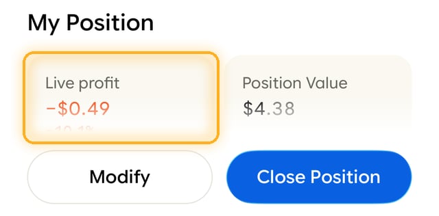 Position screen with Live profit highlighted next to Position Value