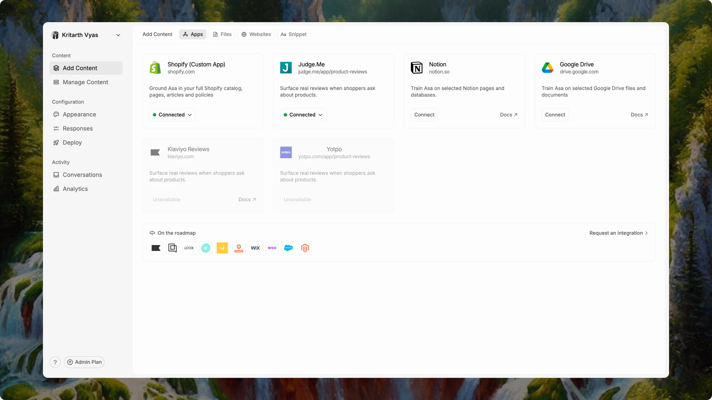 Add Content screen showing Apps, Files, Websites and Snippet tabs