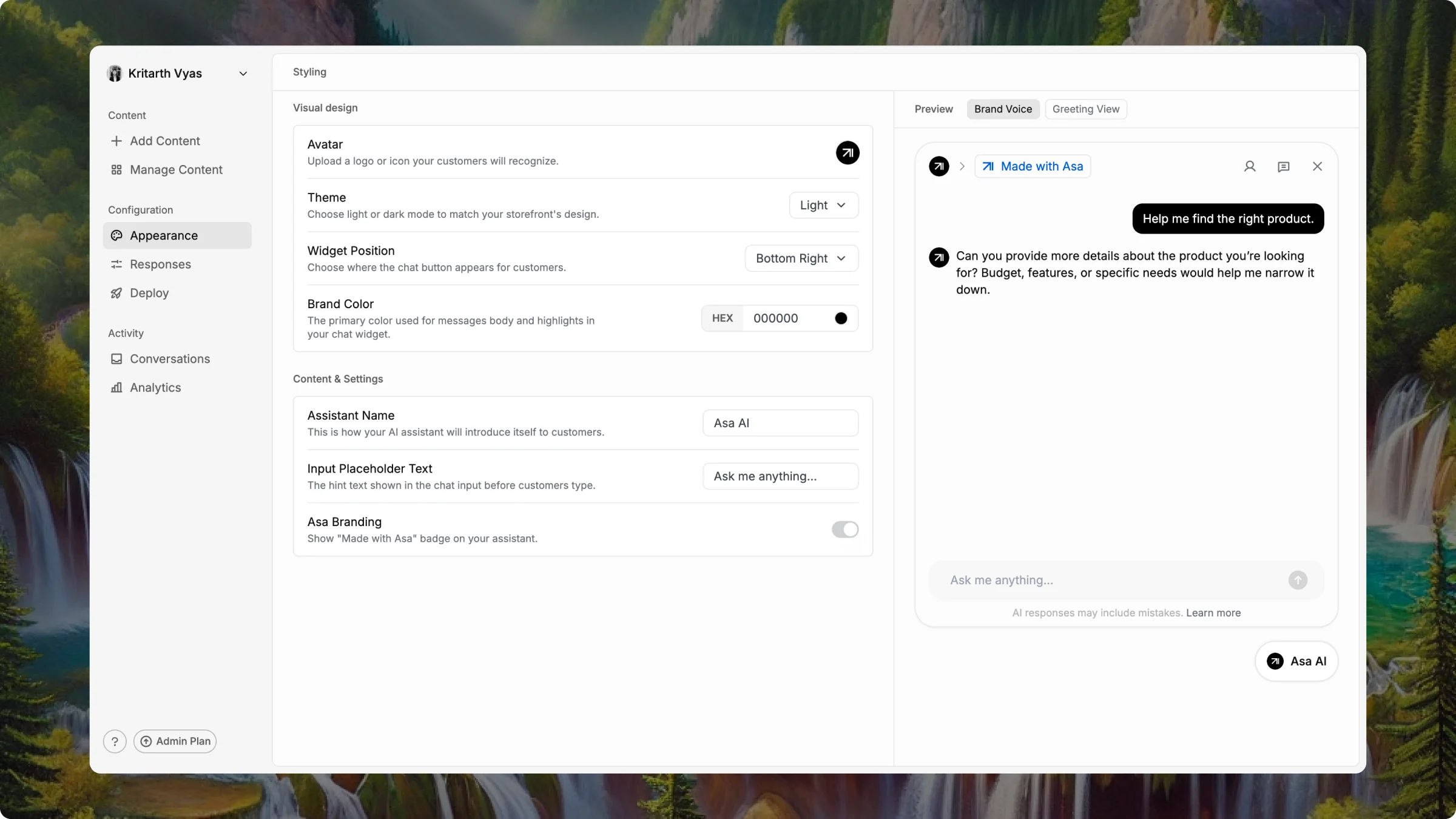 Appearance settings showing avatar, theme, widget position, brand color and assistant name fields