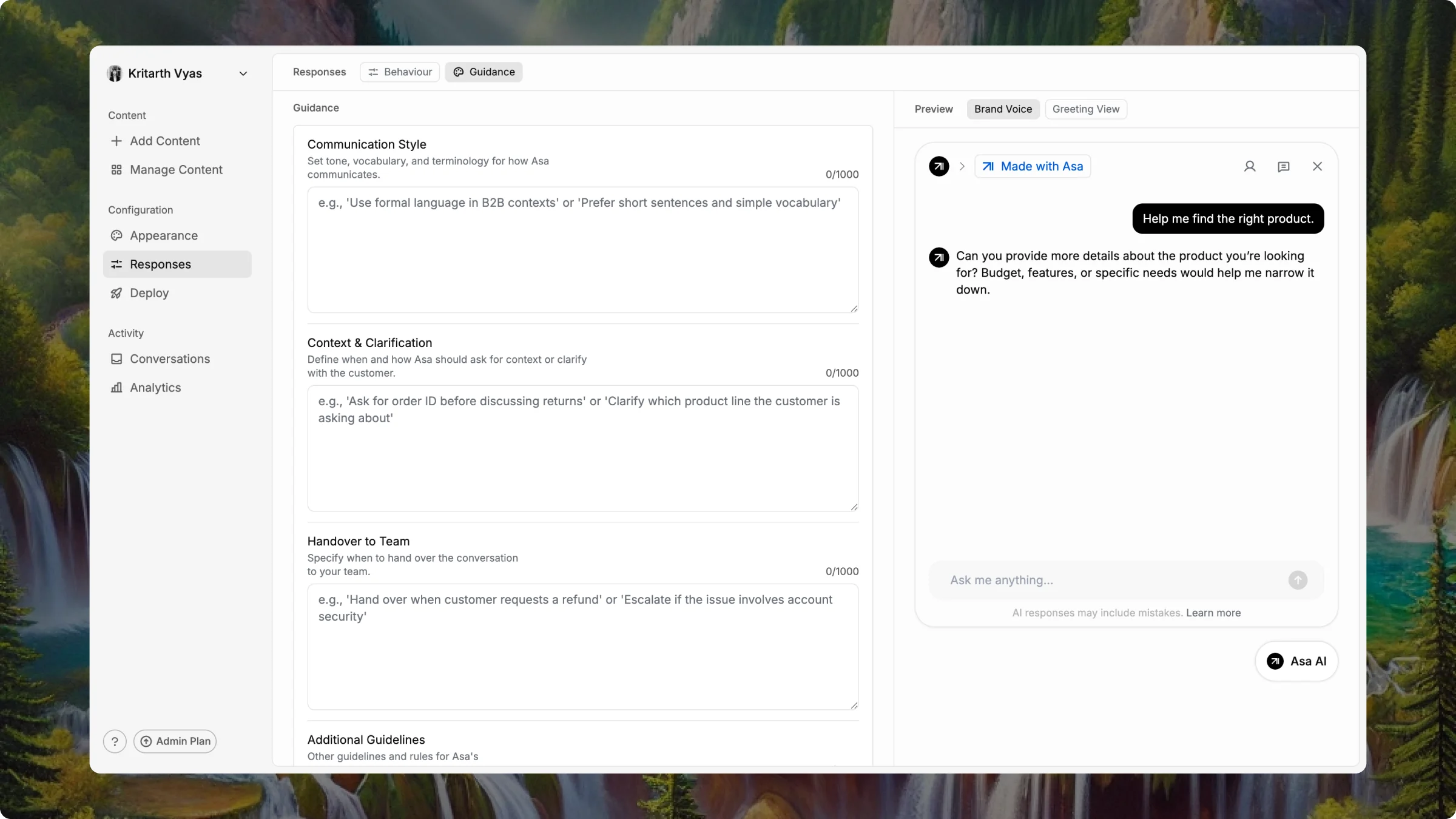 Responses Guidance tab showing Communication Style and other instruction fields