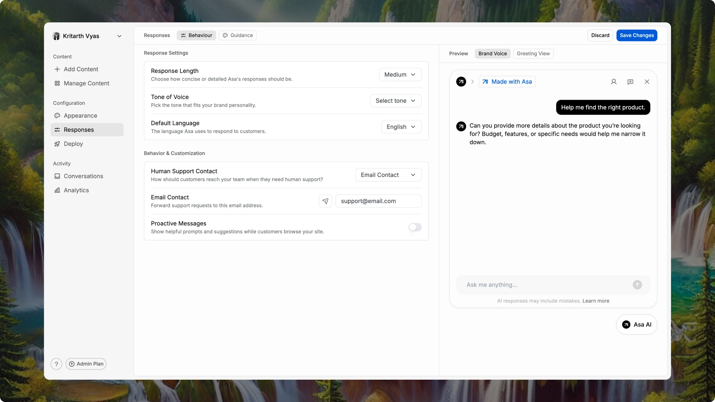 Responses Behaviour tab showing tone of voice and response length settings