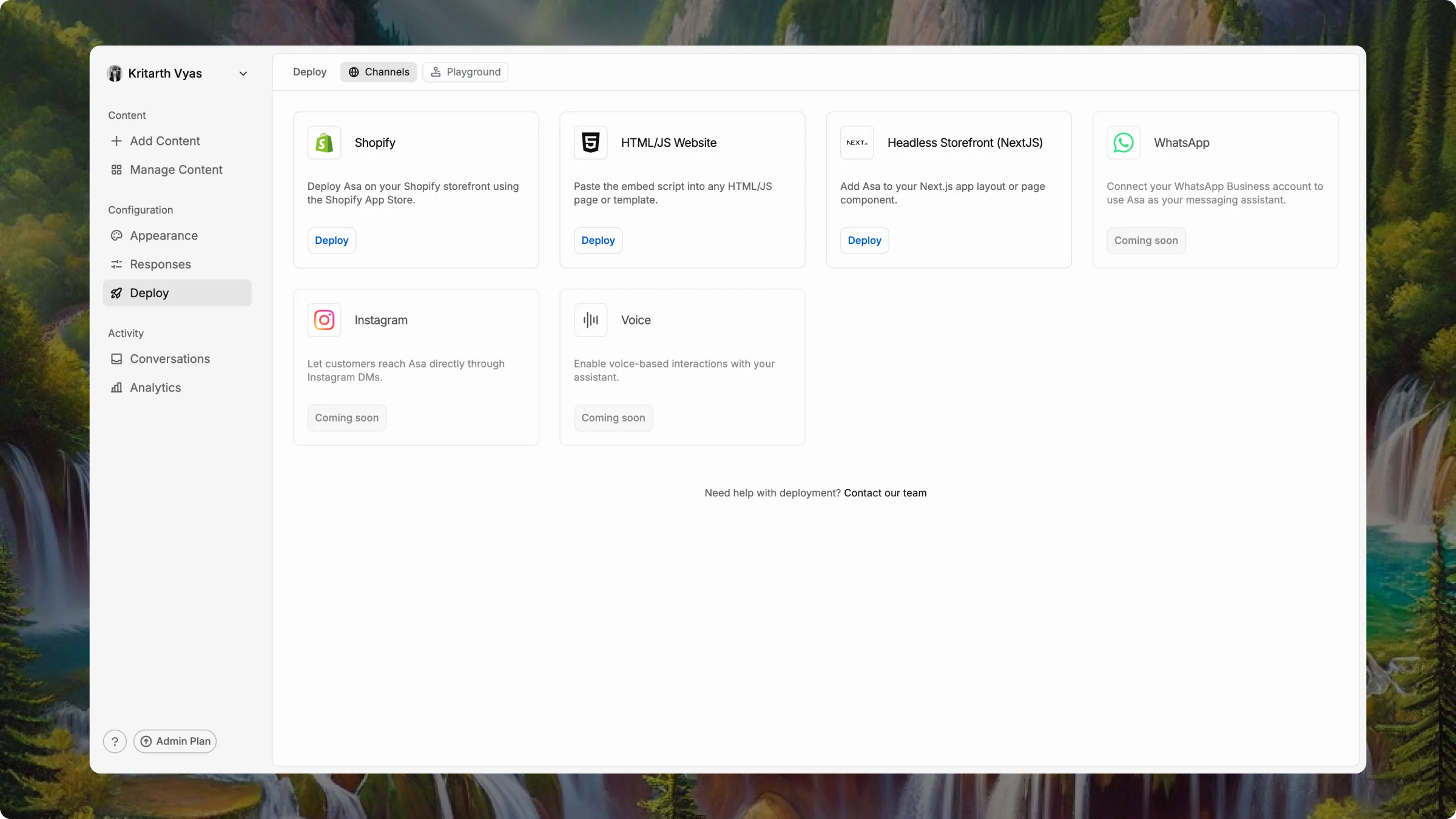 Deploy Channels screen showing Shopify, HTML/JS, Headless and coming soon options
