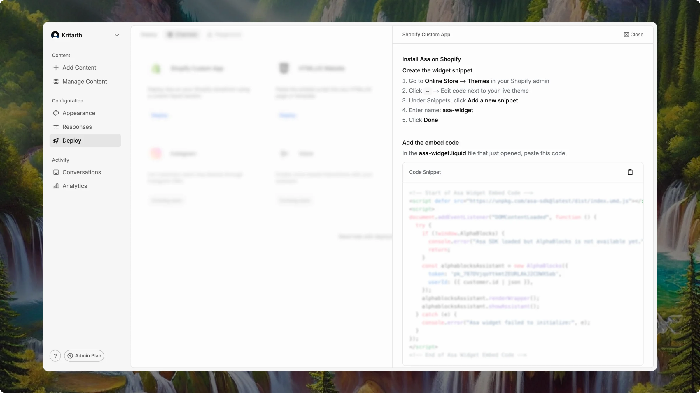 Shopify Custom App deploy instructions sidesheet