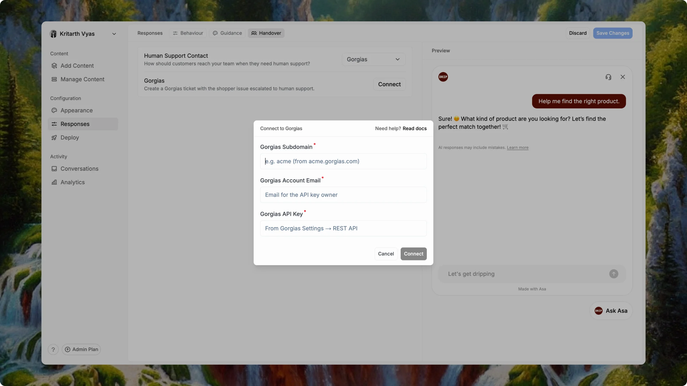 Connect to Gorgias dialog with subdomain, email, and API key fields