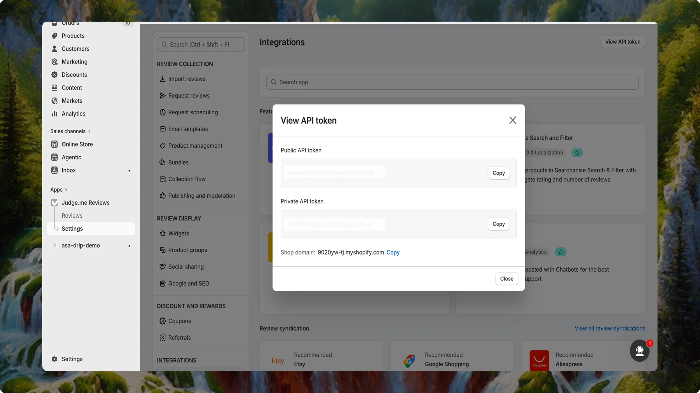 Judge.me Integrations tab showing Private API Access Token and subdomain