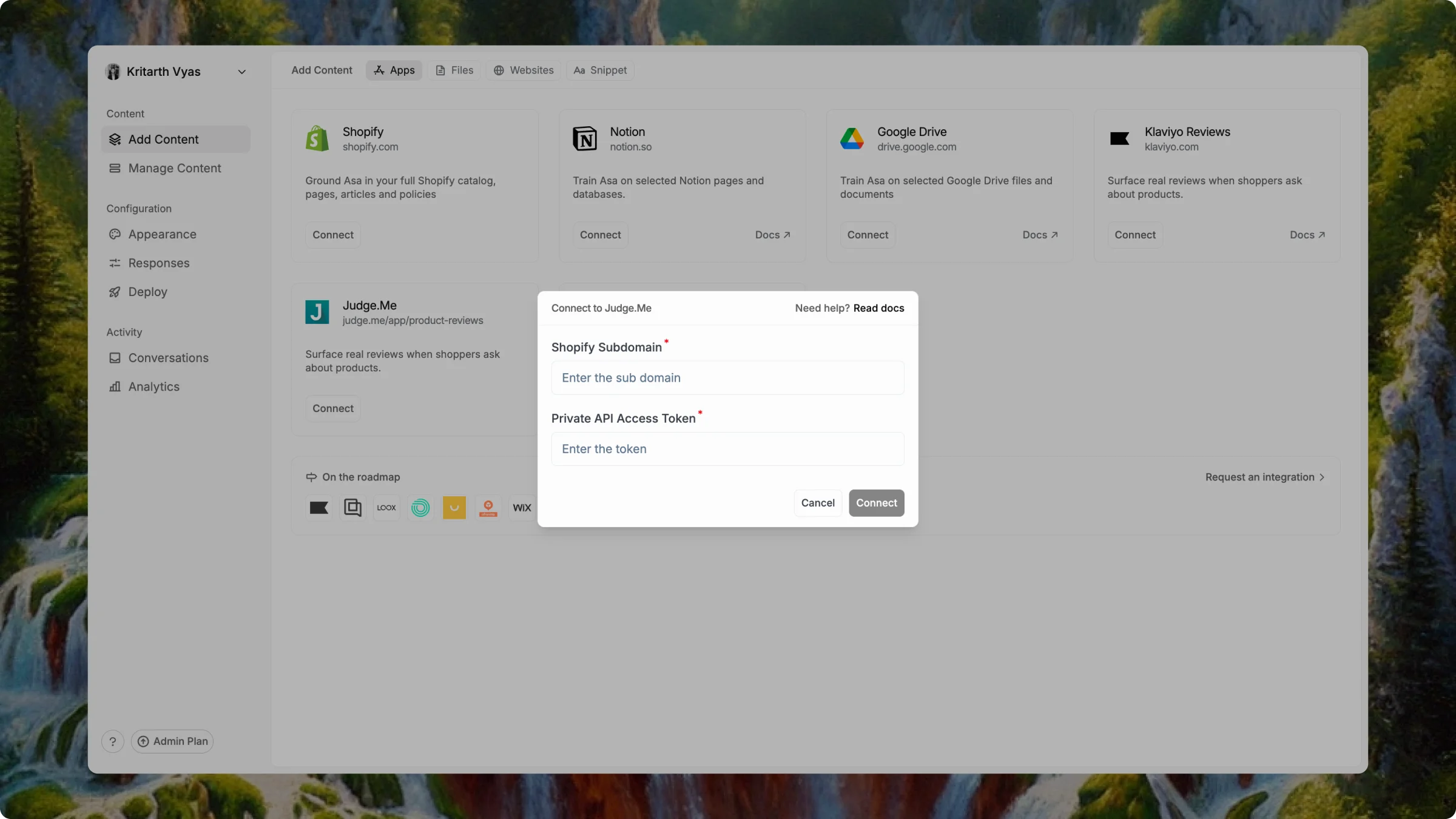 Asa Connect to Judge.Me dialog with Shopify Subdomain and Private API Access Token fields