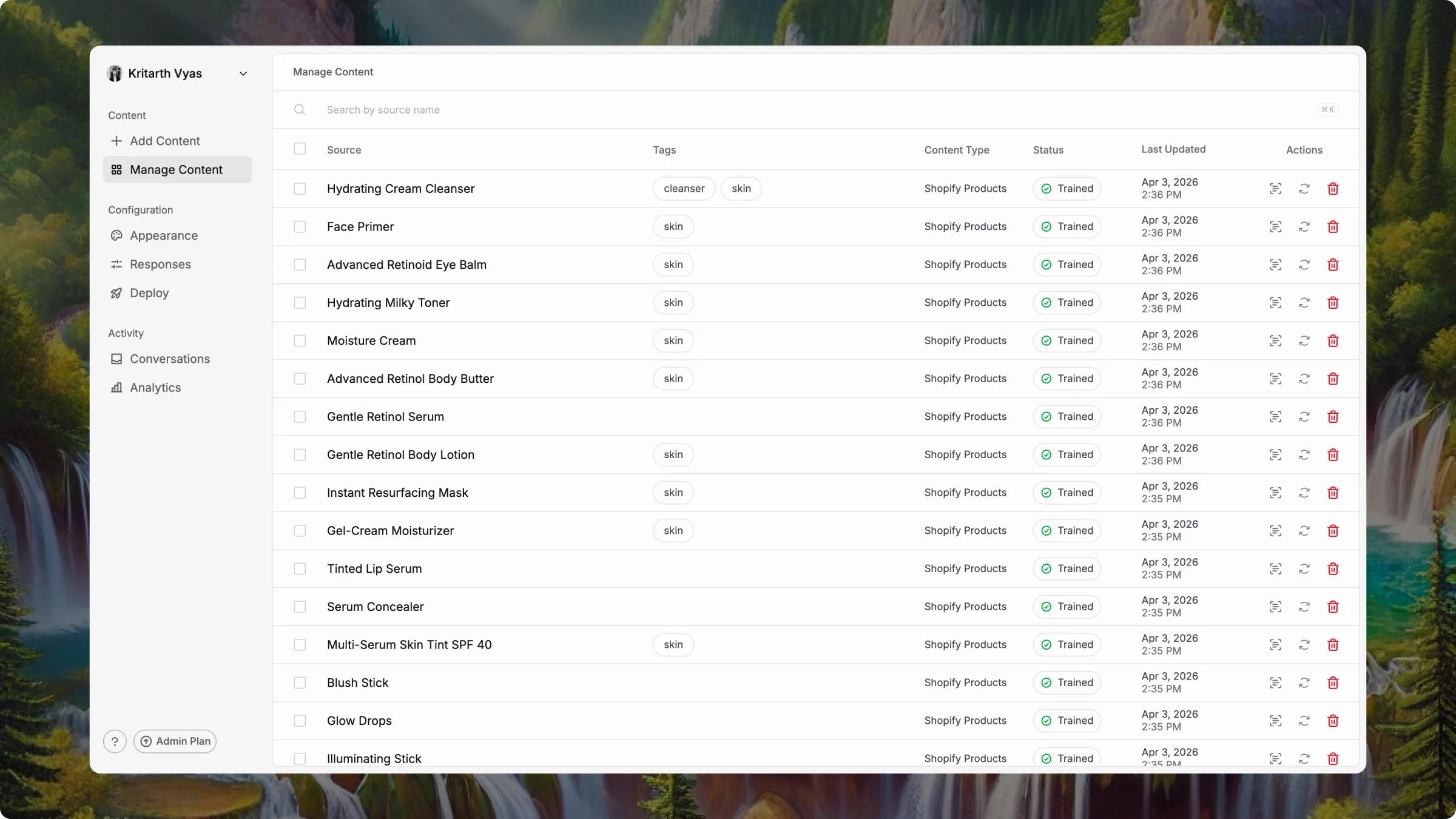 Manage Content screen showing trained sources with green status indicators