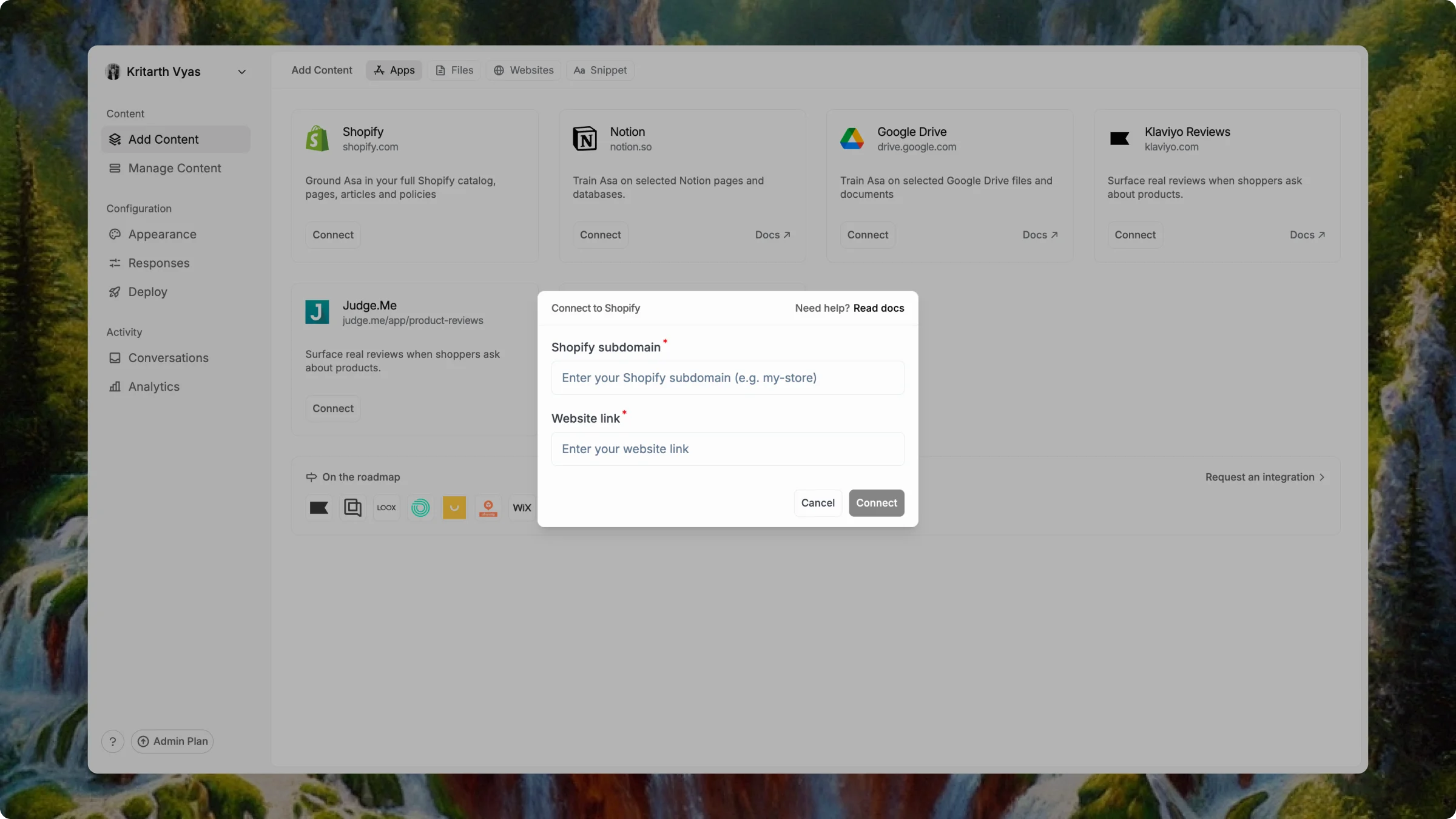 Connect to Shopify dialog with Shopify subdomain and Website link fields