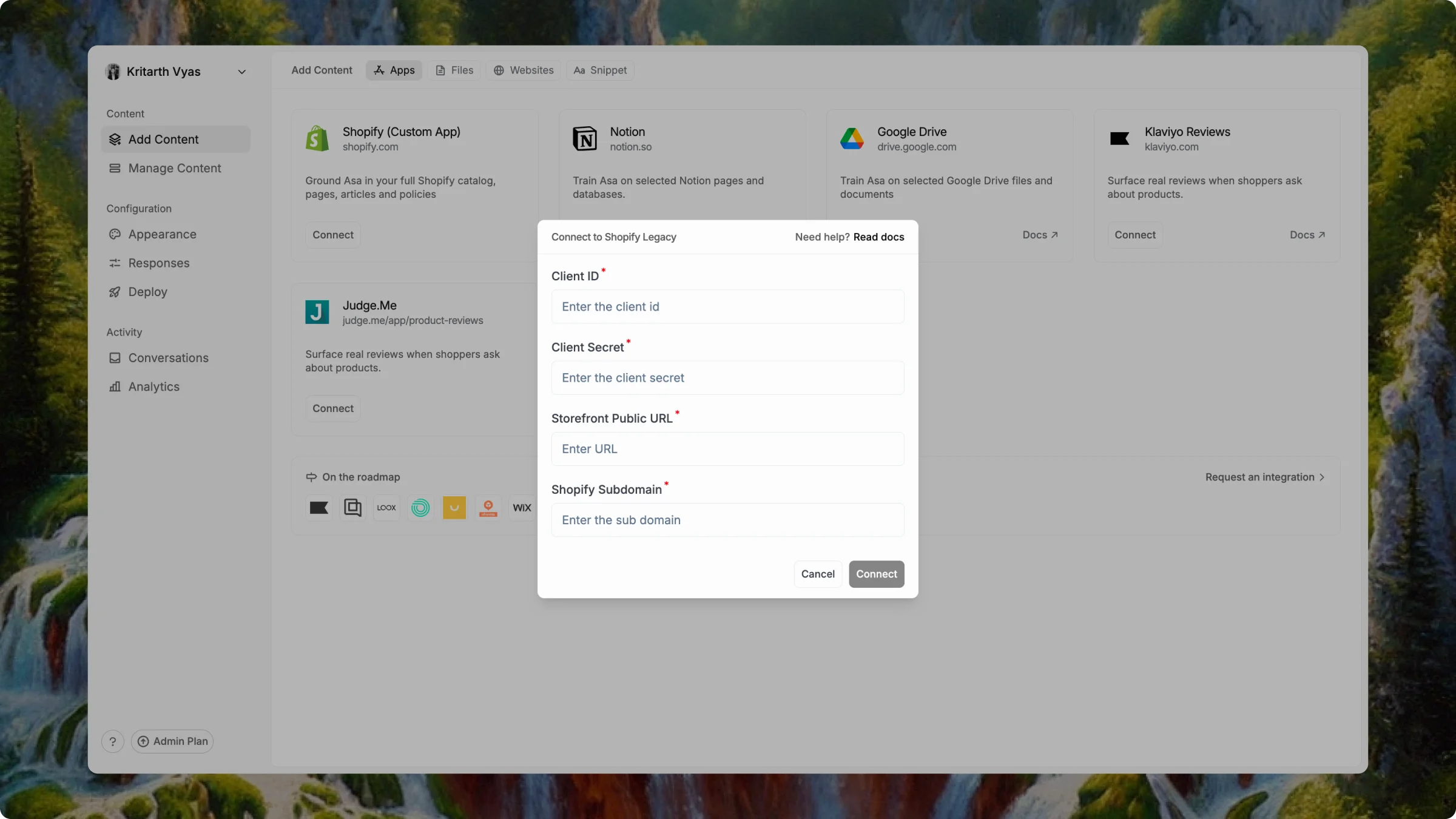 Connect to Shopify Legacy dialog with Client ID, Client Secret, Storefront Public URL, and Shopify Subdomain