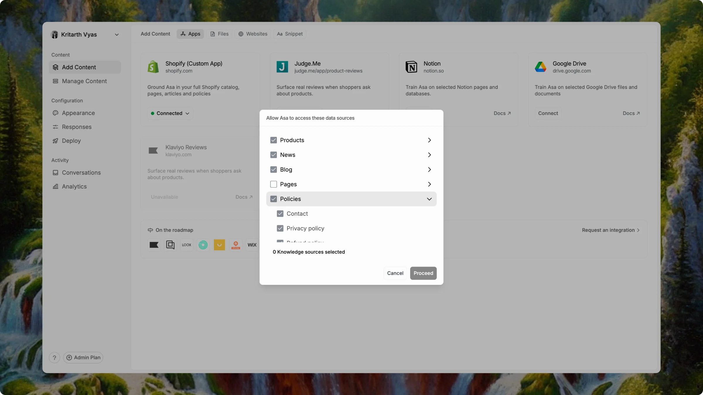 Shopify content selection dialog with Products, Blogs, Pages, and Policies categories