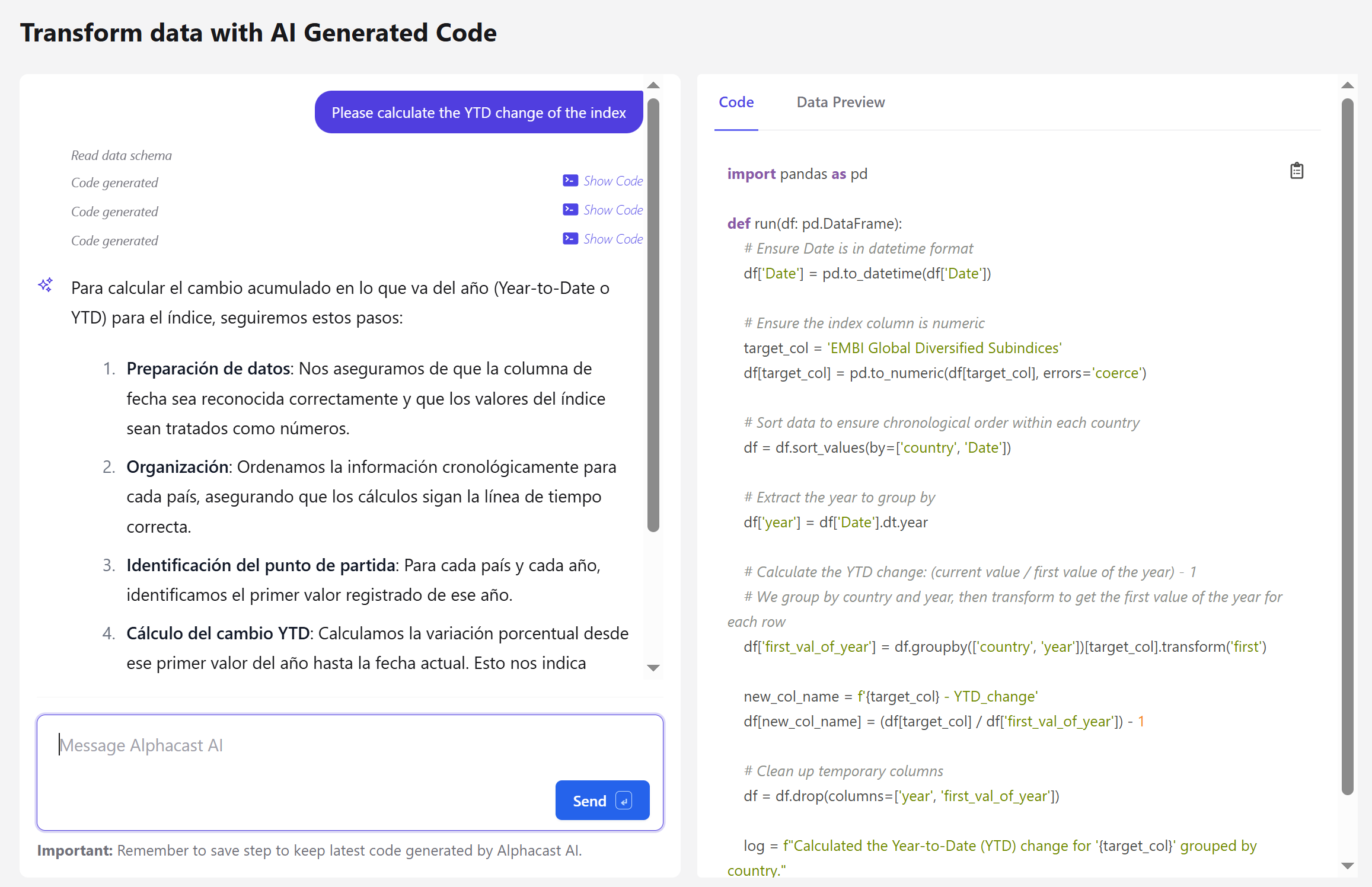 Transform with AI: chat prompt on the left, generated Python on the right