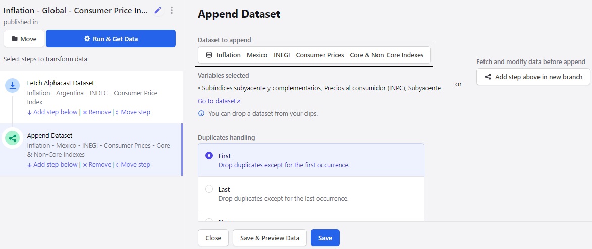 Selecting datasets and variables to append