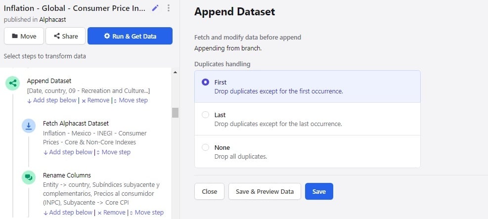 Duplicate handling options in the Append Dataset step