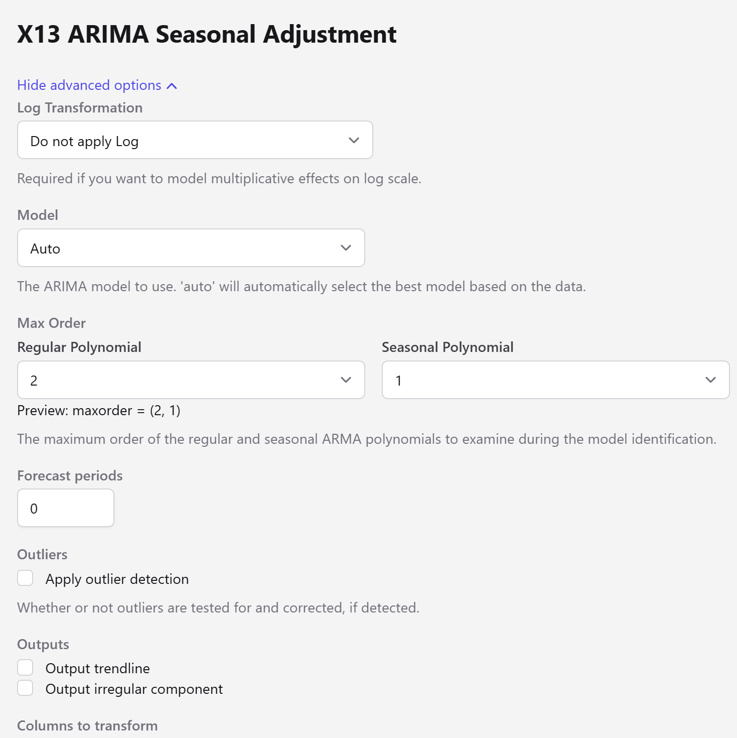 Advanced options of the X13 ARIMA Seasonal Adjustment step