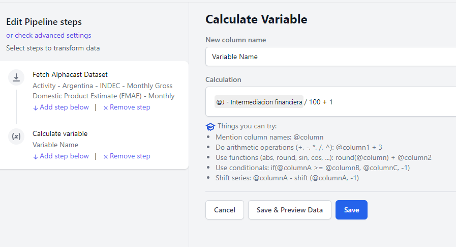 Writing a formula in the Calculate Variable step