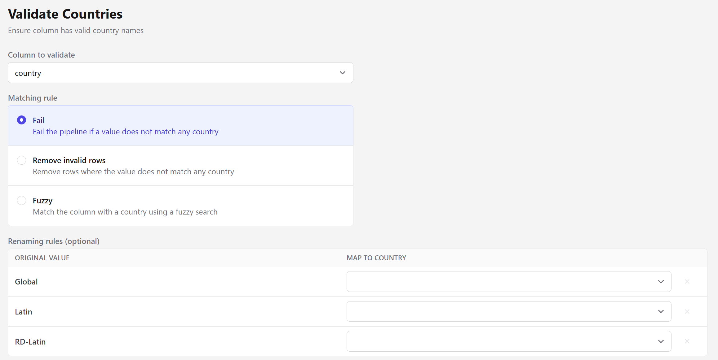 Validate Countries step showing the matching rules and the renaming table