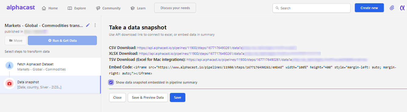 Download and embed options for a data snapshot
