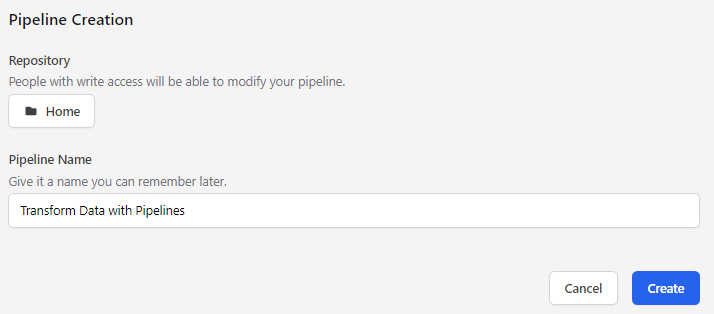 Creating a new pipeline