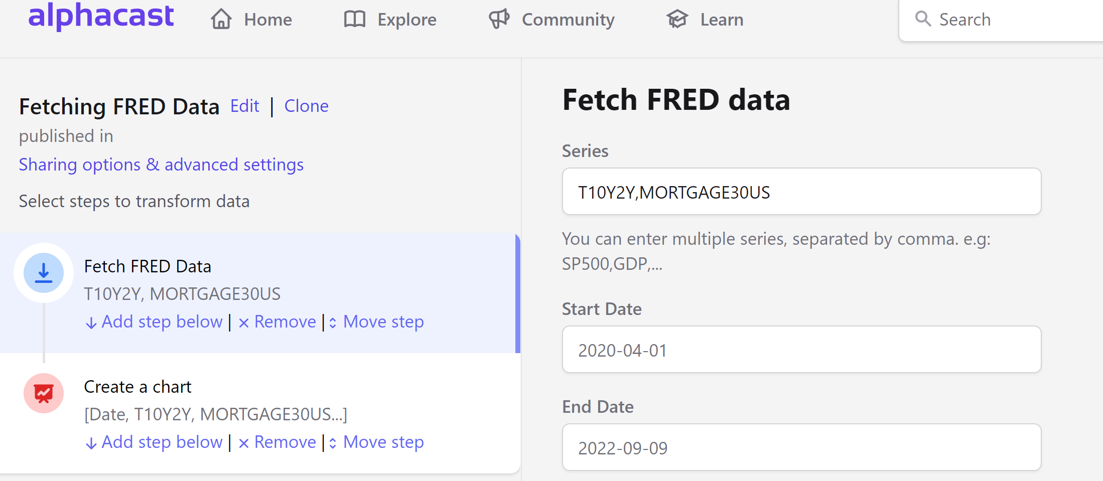 Entering FRED series codes in the step configuration