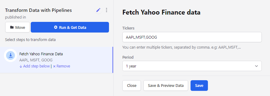 Entering tickers and period in the step configuration