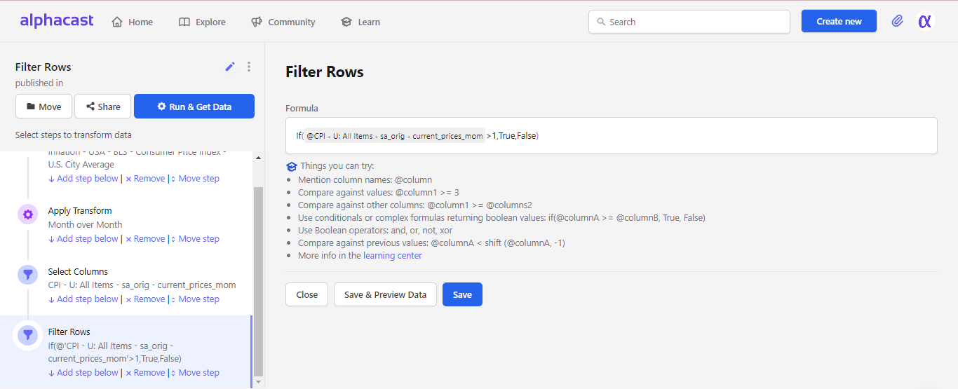 Filter Rows step configuration