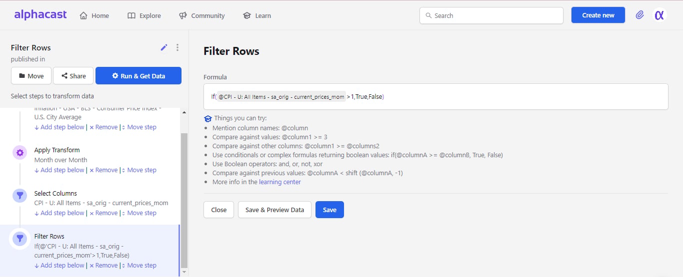 Filter Rows step configuration