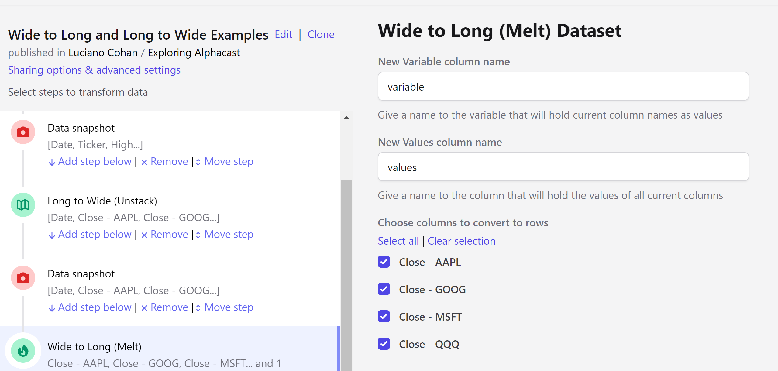 Configuring the Wide to Long step