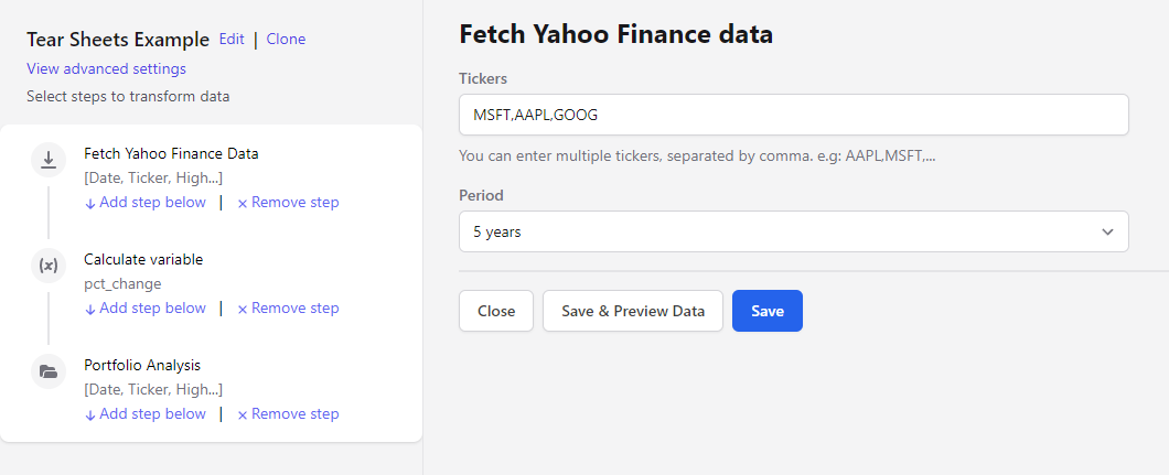Yahoo Finance source configuration