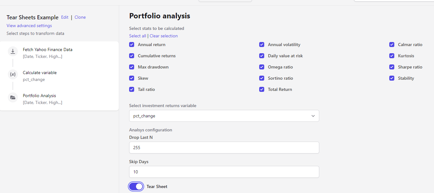 Selecting portfolio statistics