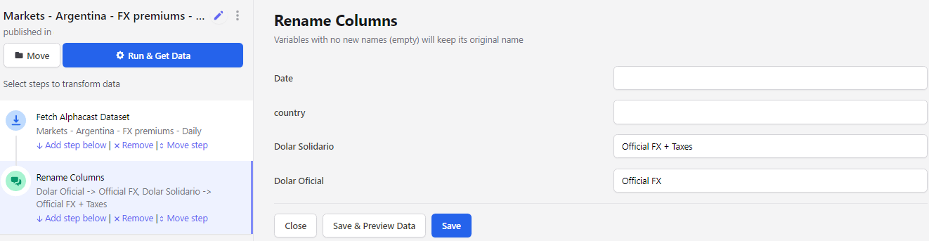 Renaming columns in the step configuration