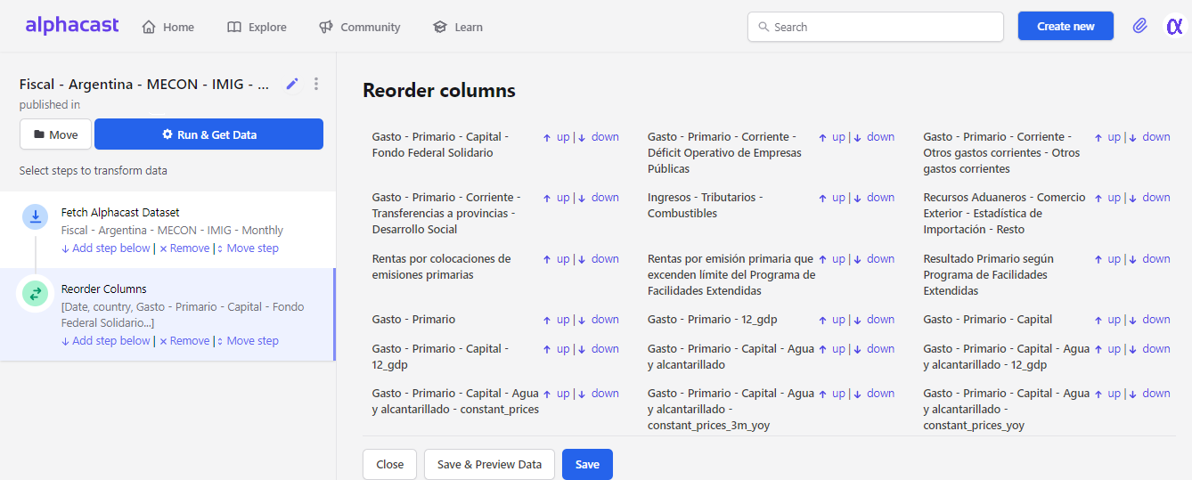 Reordering columns with the Up and Down controls