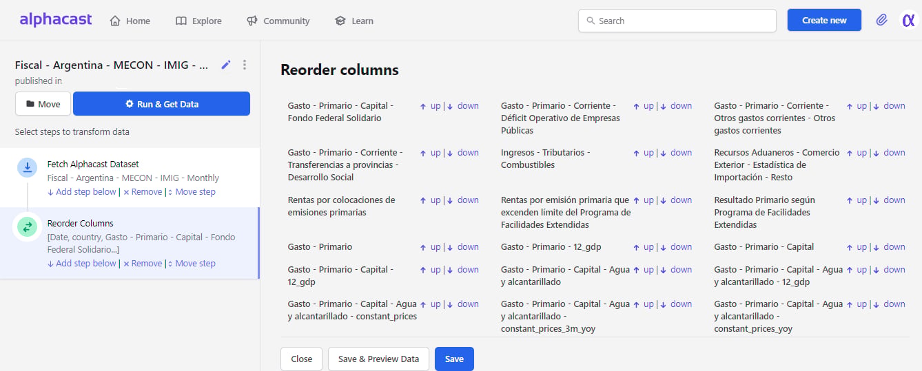 Reordering columns with the Up and Down controls