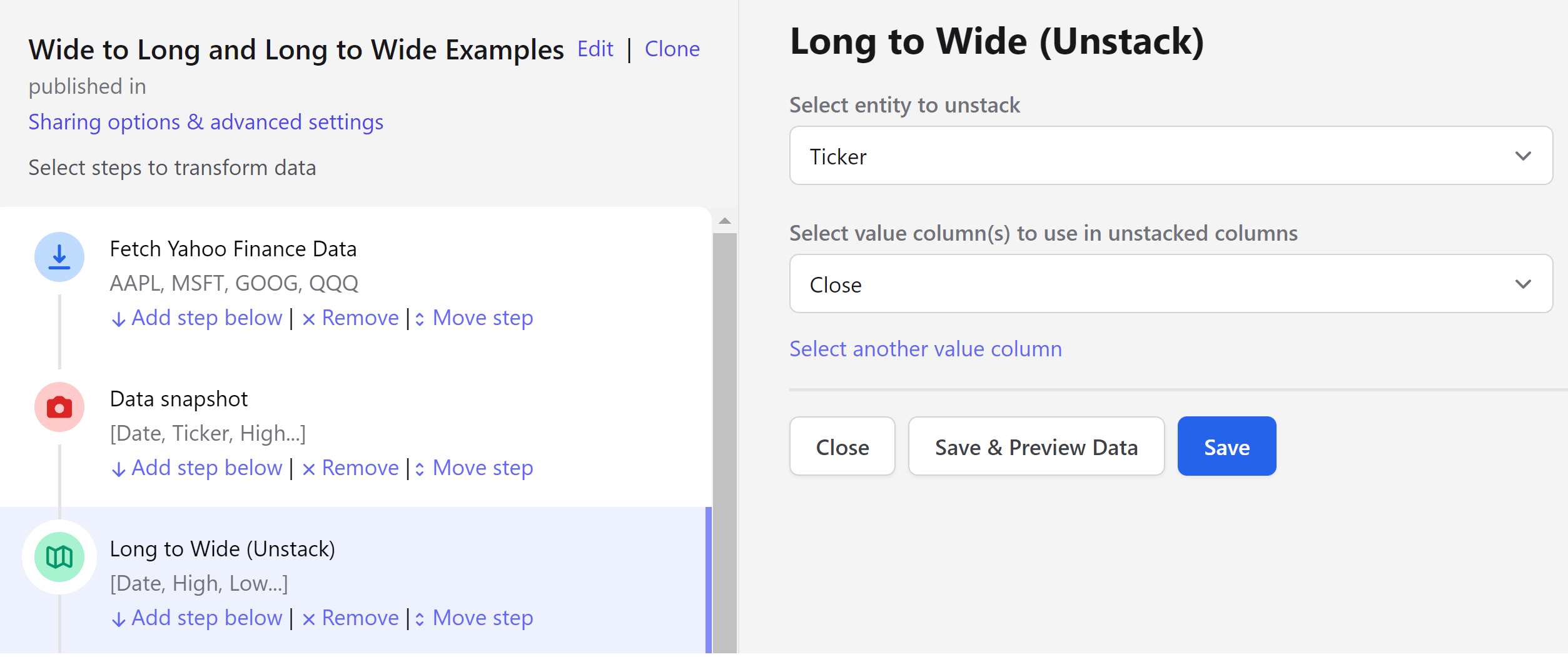 Configuring the Long to Wide step