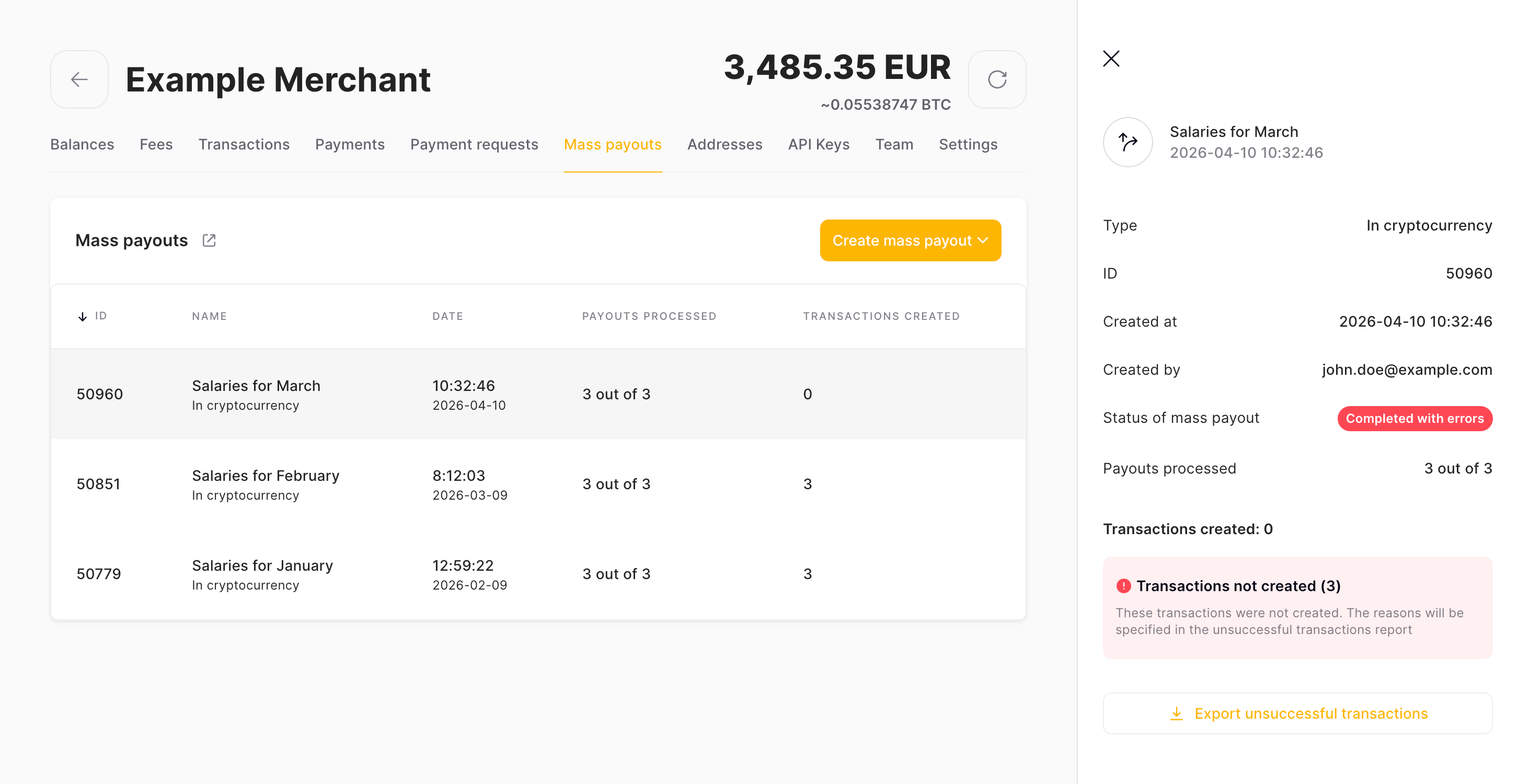 Unsuccessful Mass Payouts
